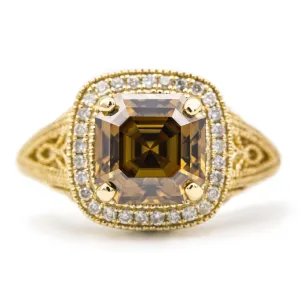 8mm Cognac Asscher Heirloom Center 14k Solid Yellow Gold Exquisite Diamond Filigree Design Setting