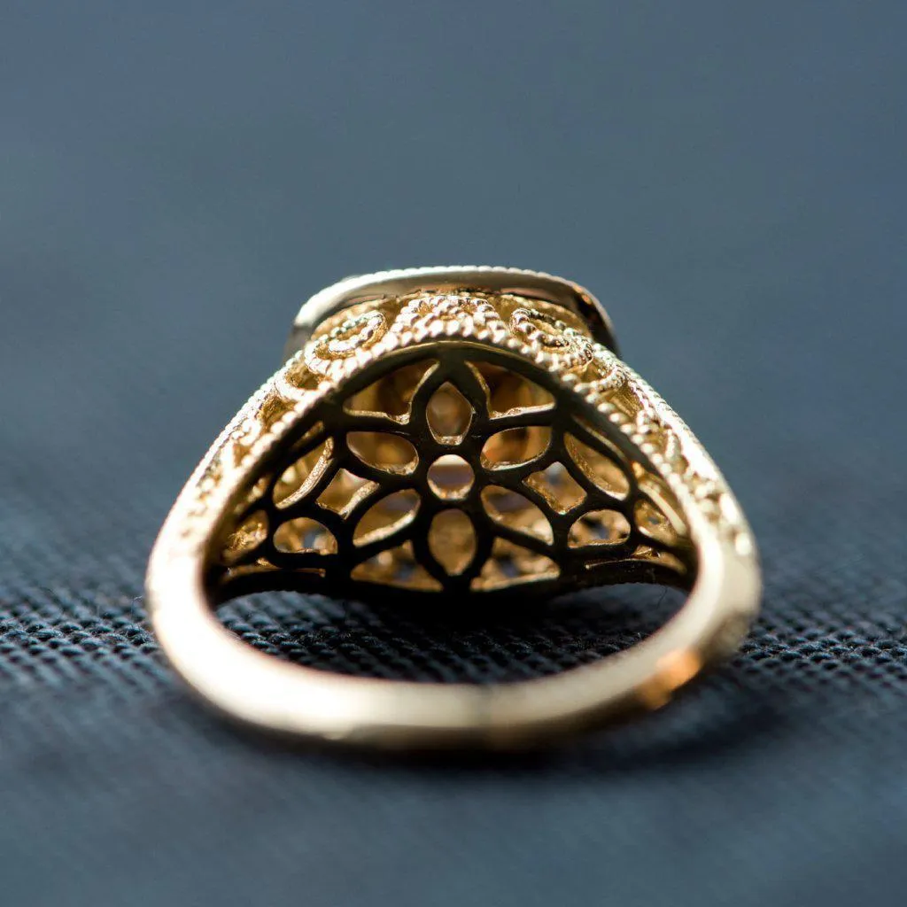 8mm Cognac Asscher Heirloom Center 14k Solid Yellow Gold Exquisite Diamond Filigree Design Setting