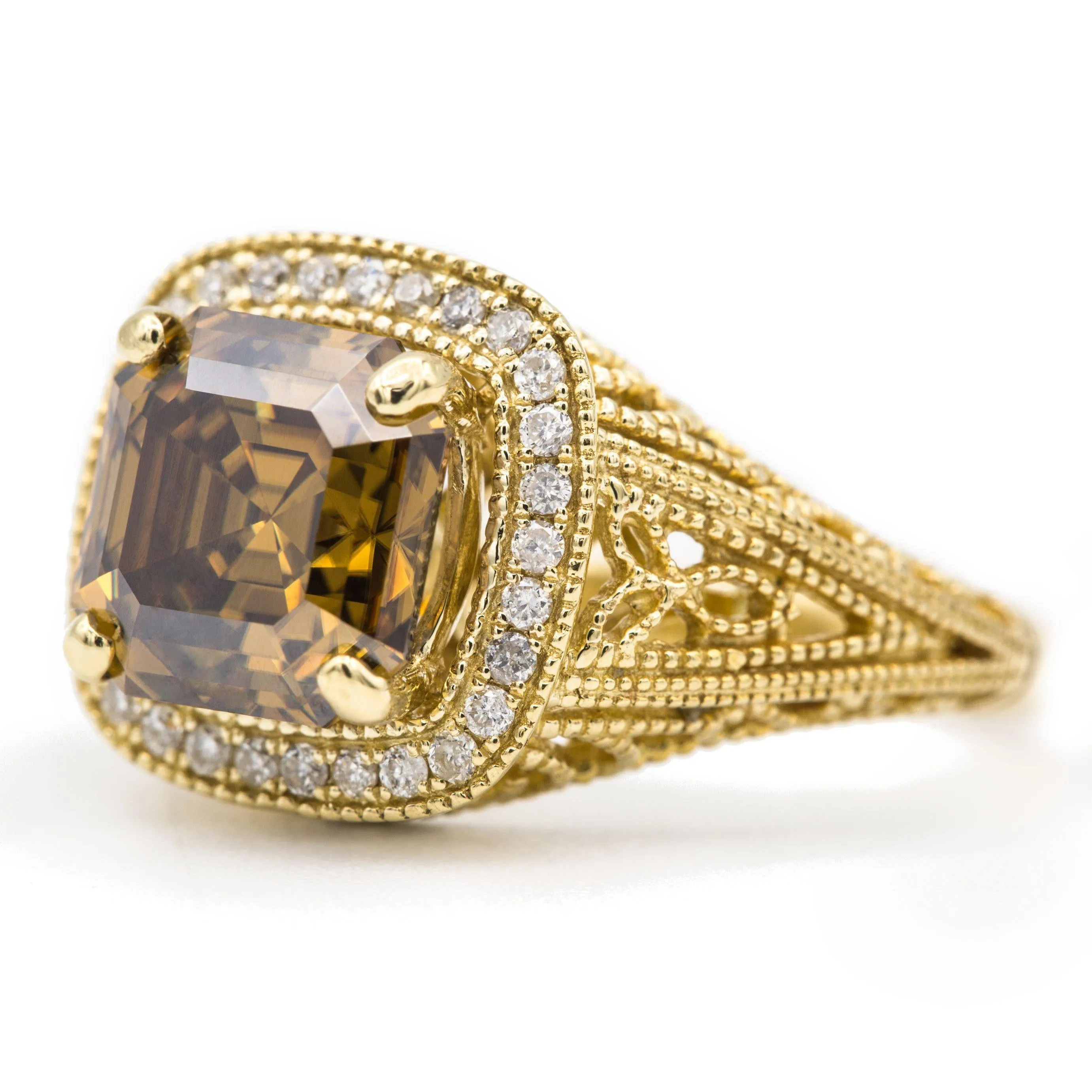 8mm Cognac Asscher Heirloom Center 14k Solid Yellow Gold Exquisite Diamond Filigree Design Setting