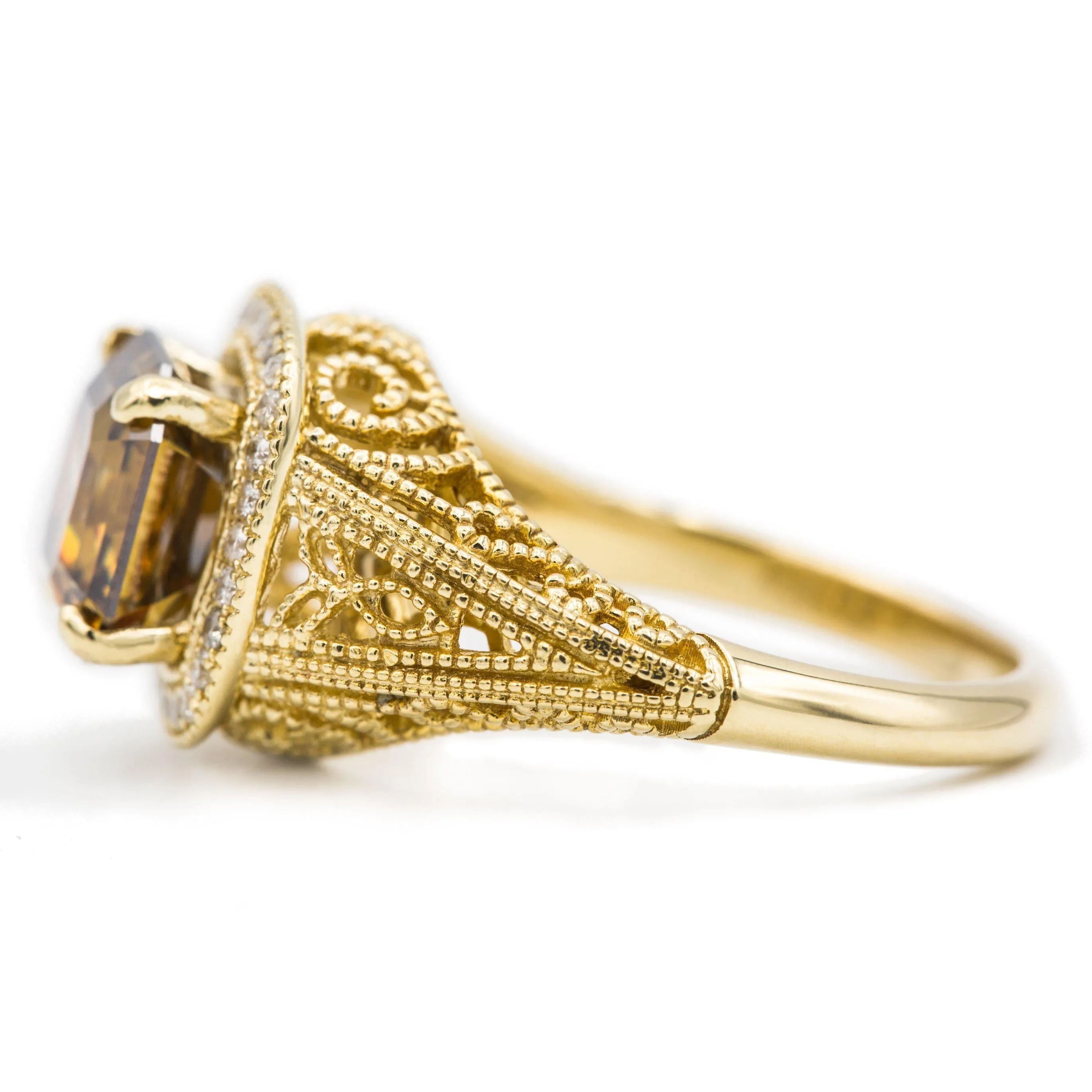8mm Cognac Asscher Heirloom Center 14k Solid Yellow Gold Exquisite Diamond Filigree Design Setting