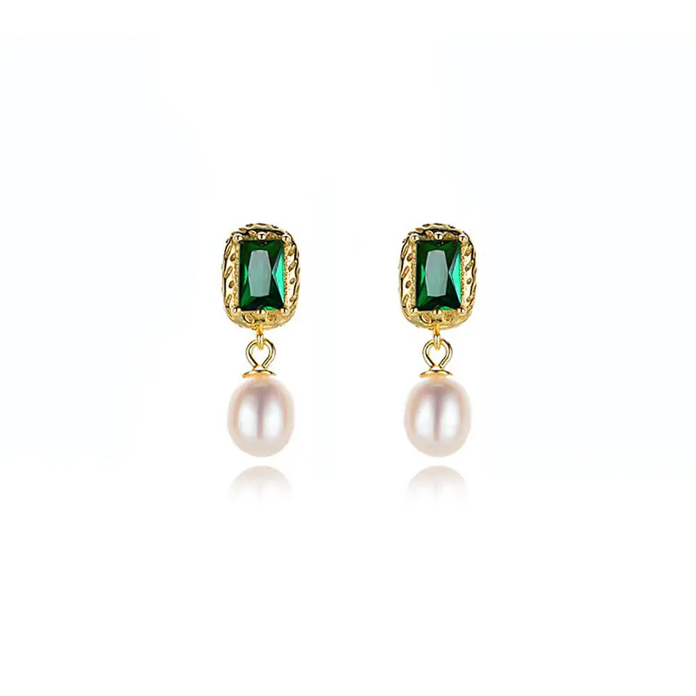 925 Silver Emerald Freshwater Pearl Stud Earrings