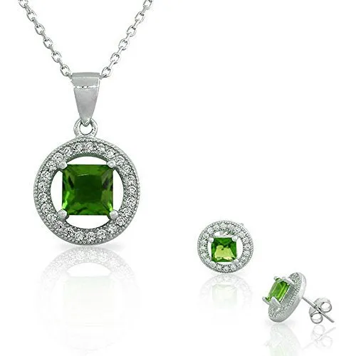 925 Sterling Silver Emerald-Tone Green White CZ Round Square Pendant Necklace Stud Earrings Set