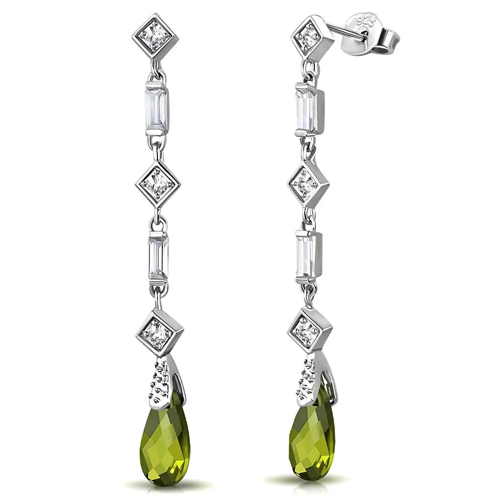 925 Sterling Silver White Green Emerald-Tone CZ Long Drop Earrings