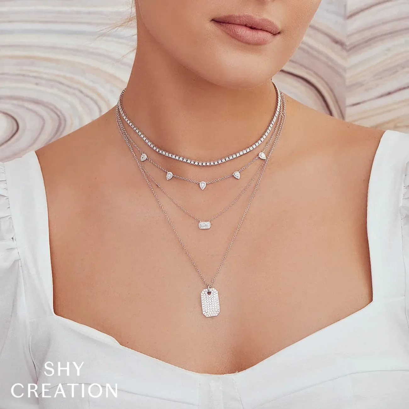 Adele 14K White Gold 0.54 ct Pear Cut Halo 5 Stations Diamond Necklace