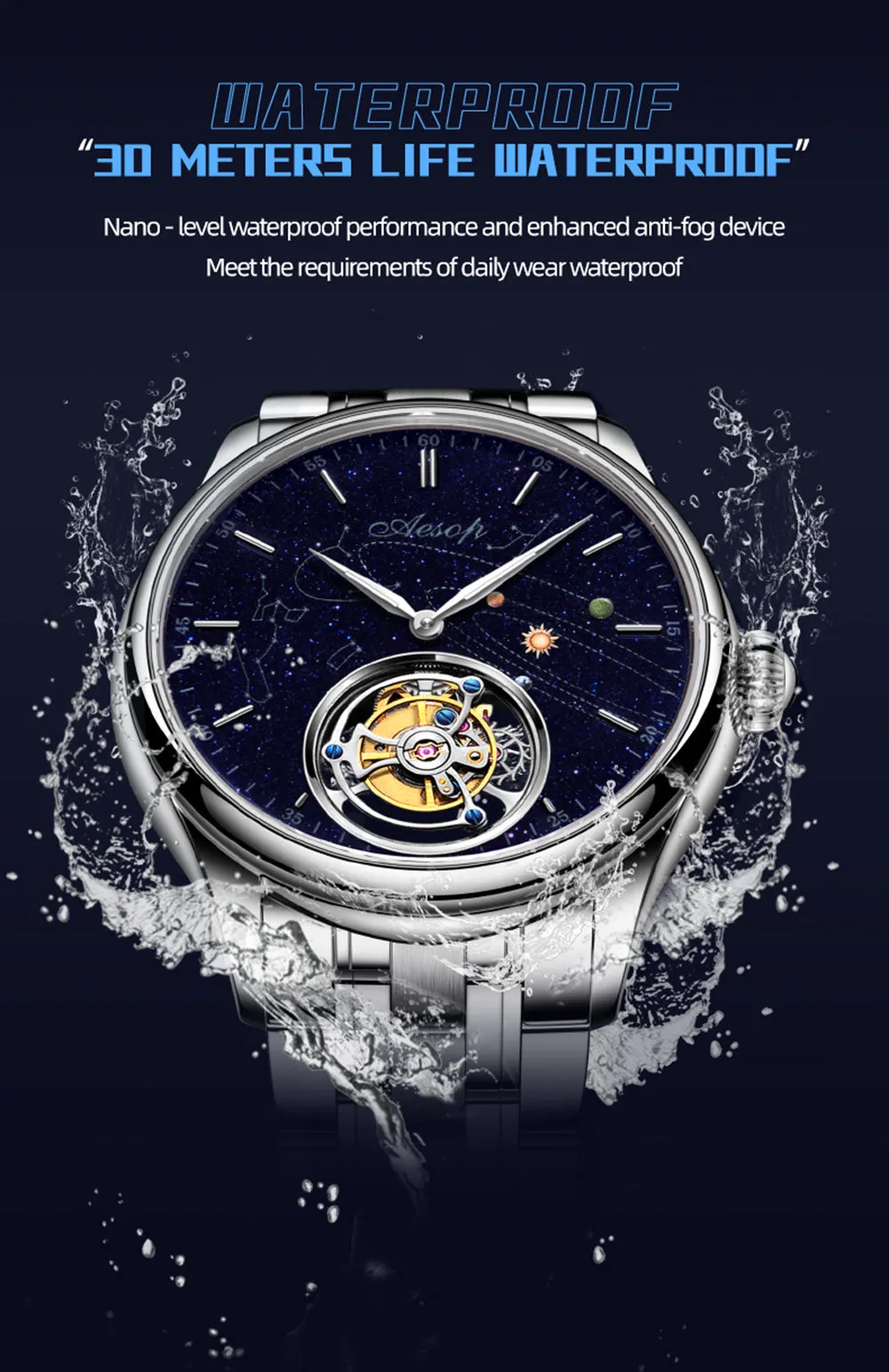 AESOP Mens Luxury Real Flying Tourbillon Mechanical Sapphire Waterproof Watch Skeleton Watches for Men Wristwatches Male Clock 7025