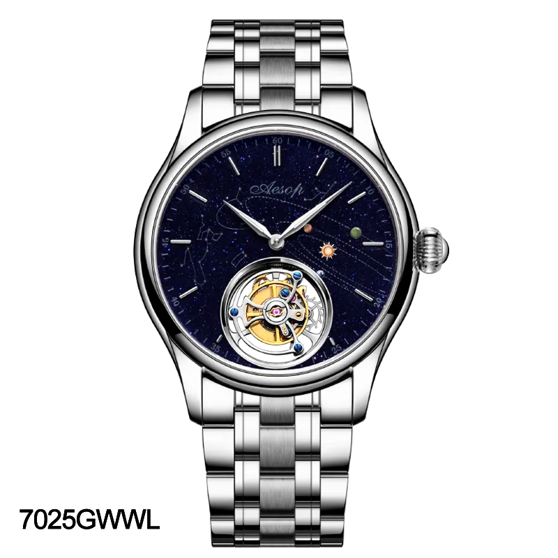 AESOP Mens Luxury Real Flying Tourbillon Mechanical Sapphire Waterproof Watch Skeleton Watches for Men Wristwatches Male Clock 7025