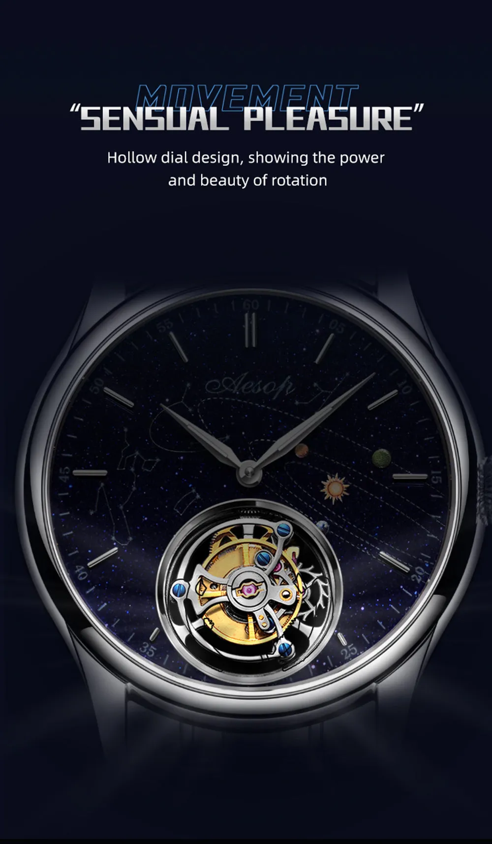 AESOP Mens Luxury Real Flying Tourbillon Mechanical Sapphire Waterproof Watch Skeleton Watches for Men Wristwatches Male Clock 7025