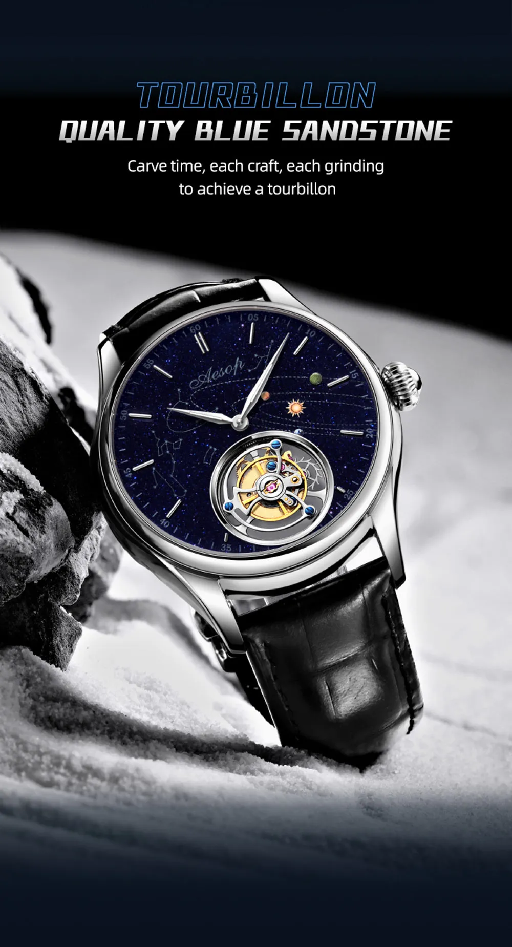 AESOP Mens Luxury Real Flying Tourbillon Mechanical Sapphire Waterproof Watch Skeleton Watches for Men Wristwatches Male Clock 7025