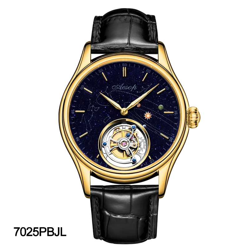 AESOP Mens Luxury Real Flying Tourbillon Mechanical Sapphire Waterproof Watch Skeleton Watches for Men Wristwatches Male Clock 7025