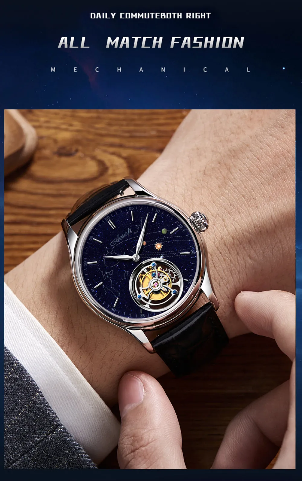 AESOP Mens Luxury Real Flying Tourbillon Mechanical Sapphire Waterproof Watch Skeleton Watches for Men Wristwatches Male Clock 7025