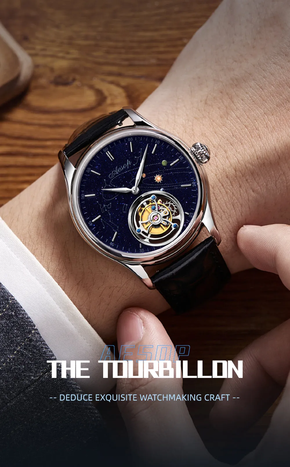 AESOP Mens Luxury Real Flying Tourbillon Mechanical Sapphire Waterproof Watch Skeleton Watches for Men Wristwatches Male Clock 7025