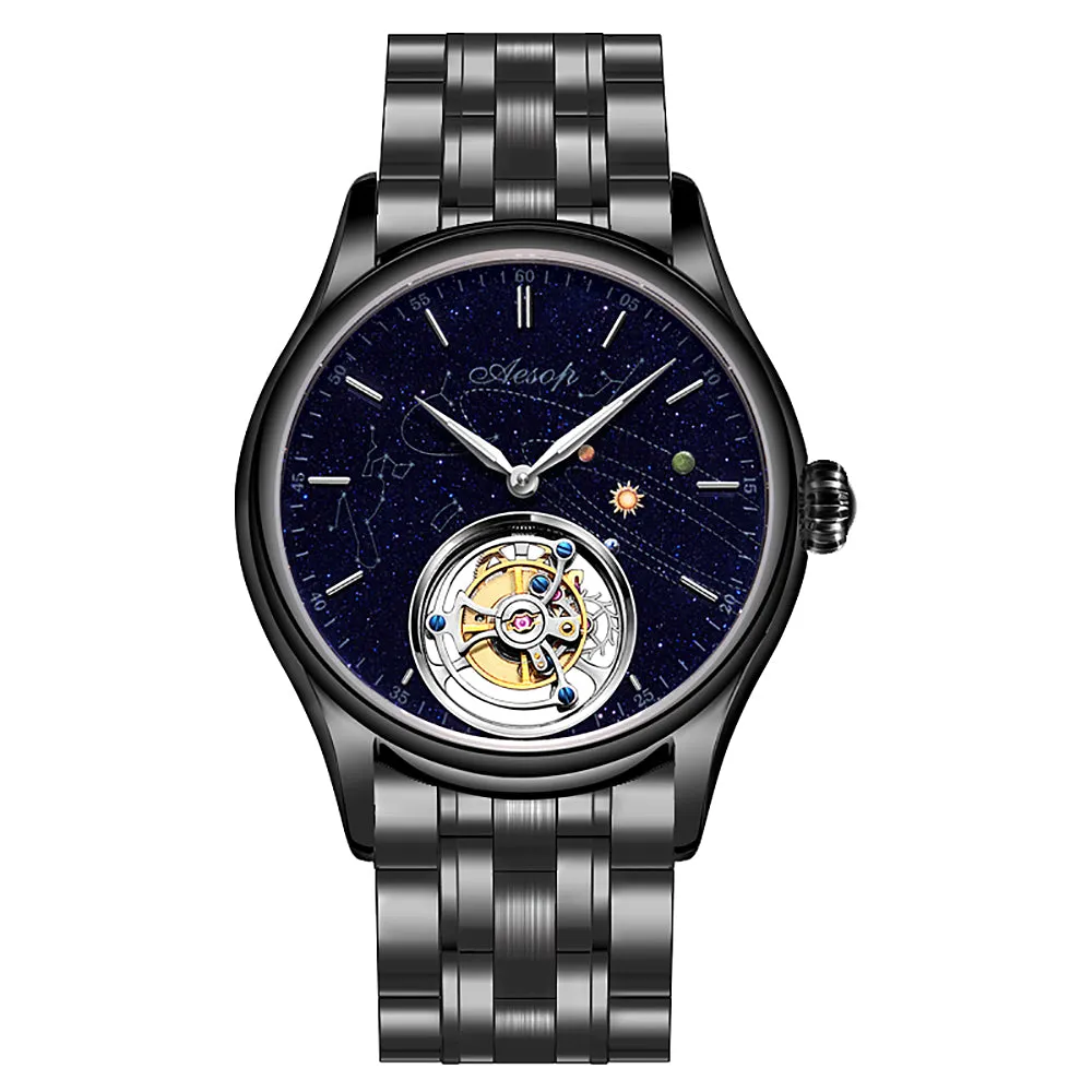 AESOP Mens Luxury Real Flying Tourbillon Mechanical Sapphire Waterproof Watch Skeleton Watches for Men Wristwatches Male Clock 7025