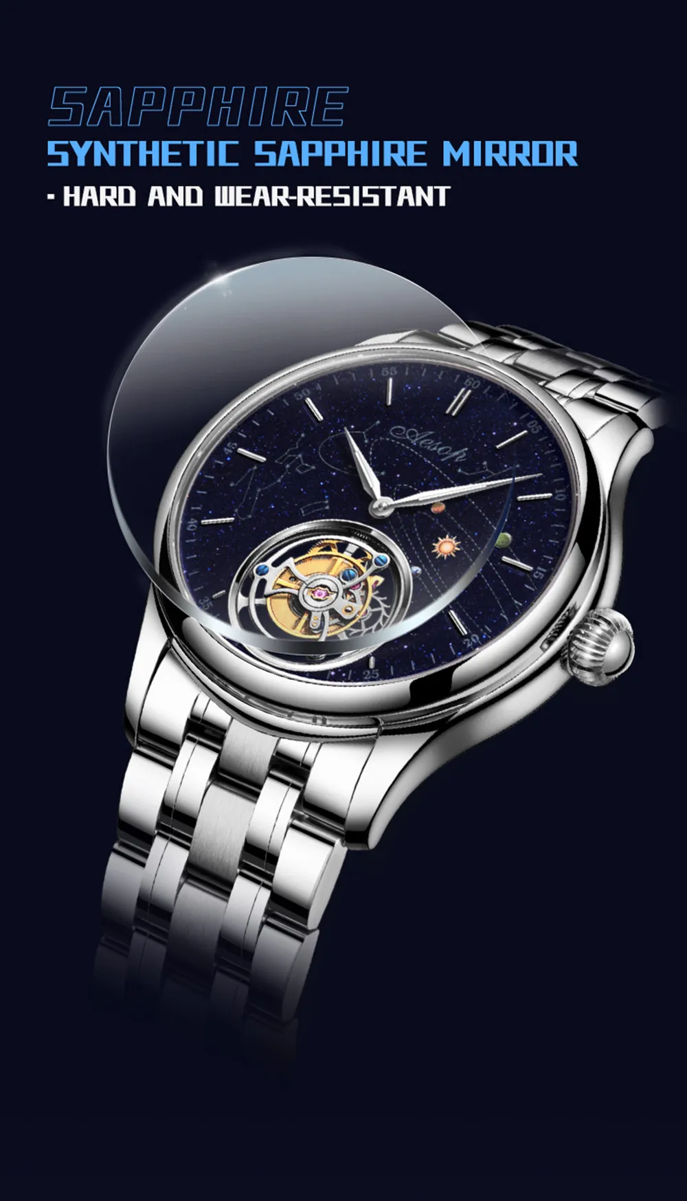 AESOP Mens Luxury Real Flying Tourbillon Mechanical Sapphire Waterproof Watch Skeleton Watches for Men Wristwatches Male Clock 7025