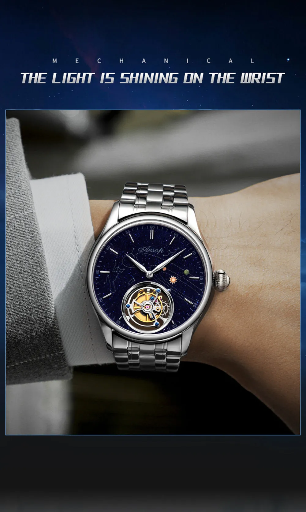 AESOP Mens Luxury Real Flying Tourbillon Mechanical Sapphire Waterproof Watch Skeleton Watches for Men Wristwatches Male Clock 7025