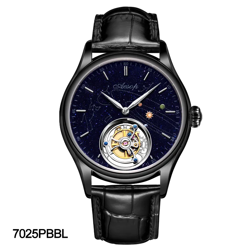 AESOP Mens Luxury Real Flying Tourbillon Mechanical Sapphire Waterproof Watch Skeleton Watches for Men Wristwatches Male Clock 7025