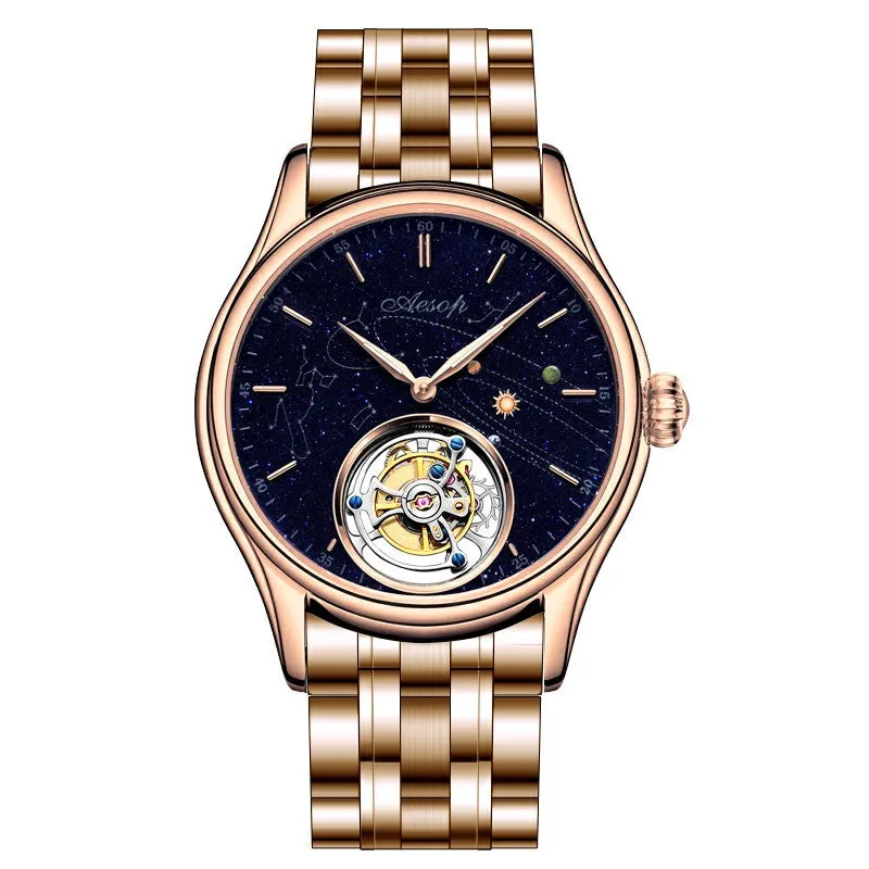 AESOP Mens Luxury Real Flying Tourbillon Mechanical Sapphire Waterproof Watch Skeleton Watches for Men Wristwatches Male Clock 7025