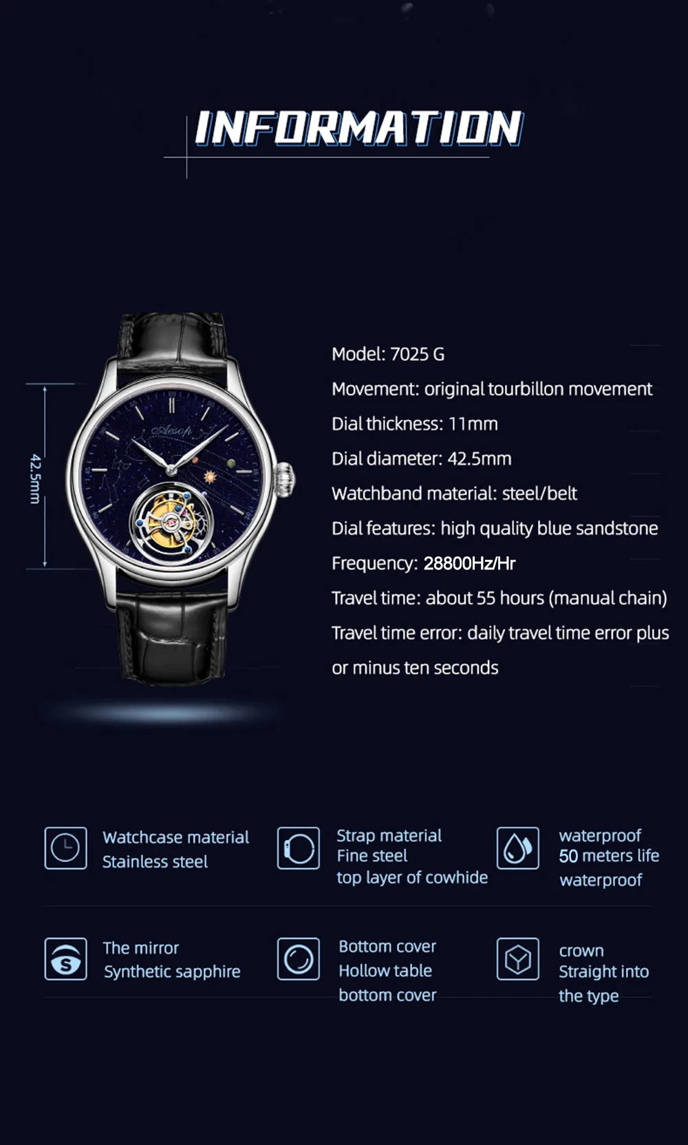 AESOP Mens Luxury Real Flying Tourbillon Mechanical Sapphire Waterproof Watch Skeleton Watches for Men Wristwatches Male Clock 7025