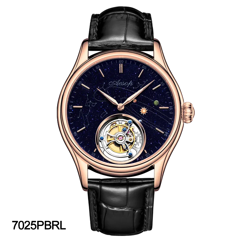 AESOP Mens Luxury Real Flying Tourbillon Mechanical Sapphire Waterproof Watch Skeleton Watches for Men Wristwatches Male Clock 7025