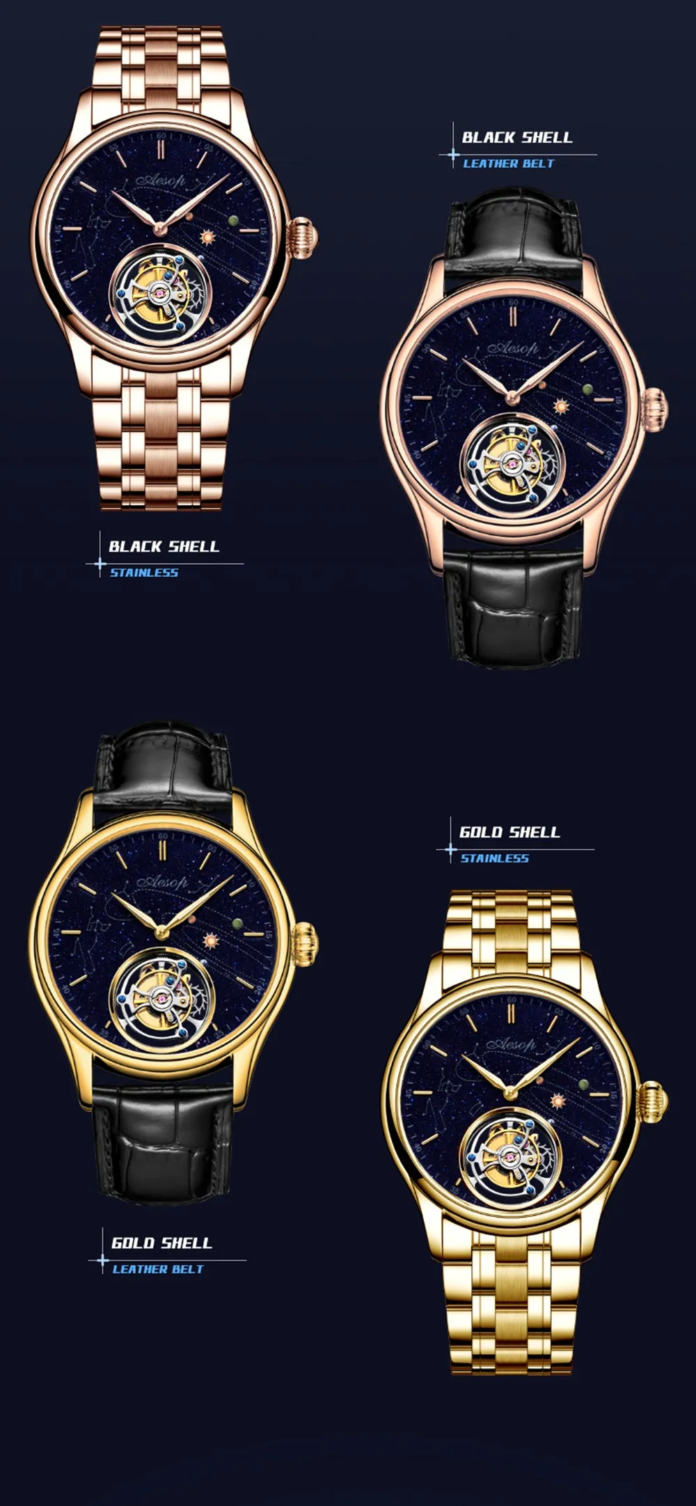 AESOP Mens Luxury Real Flying Tourbillon Mechanical Sapphire Waterproof Watch Skeleton Watches for Men Wristwatches Male Clock 7025