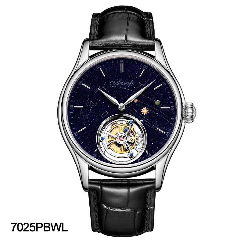 AESOP Mens Luxury Real Flying Tourbillon Mechanical Sapphire Waterproof Watch Skeleton Watches for Men Wristwatches Male Clock 7025