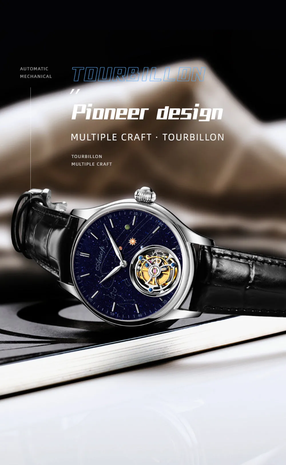 AESOP Mens Luxury Real Flying Tourbillon Mechanical Sapphire Waterproof Watch Skeleton Watches for Men Wristwatches Male Clock 7025