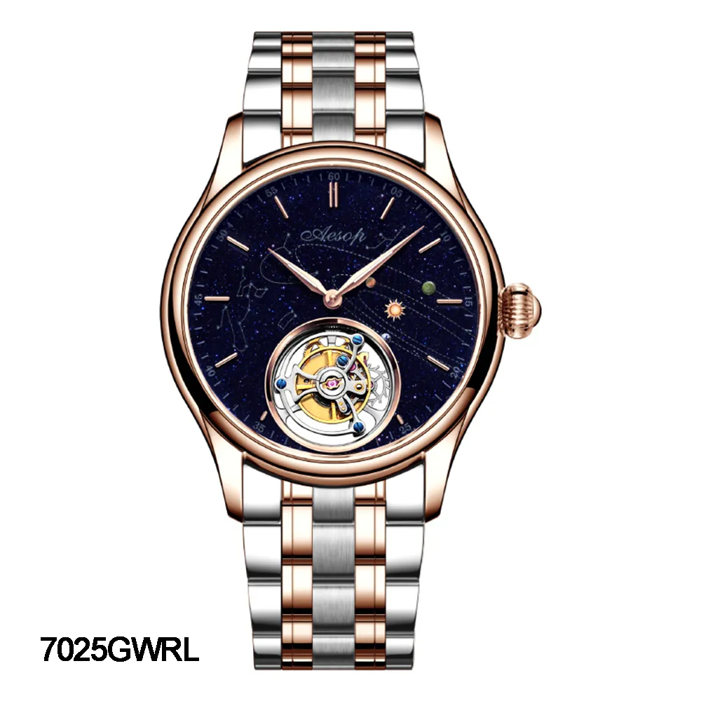 AESOP Mens Luxury Real Flying Tourbillon Mechanical Sapphire Waterproof Watch Skeleton Watches for Men Wristwatches Male Clock 7025