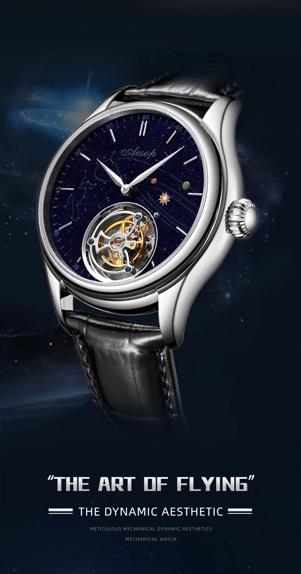 AESOP Mens Luxury Real Flying Tourbillon Mechanical Sapphire Waterproof Watch Skeleton Watches for Men Wristwatches Male Clock 7025