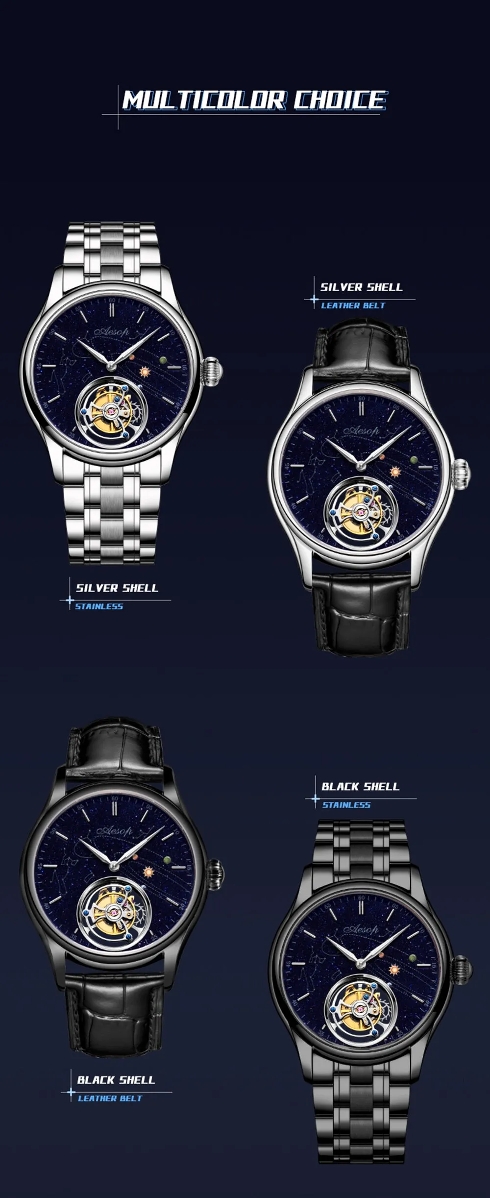 AESOP Mens Luxury Real Flying Tourbillon Mechanical Sapphire Waterproof Watch Skeleton Watches for Men Wristwatches Male Clock 7025