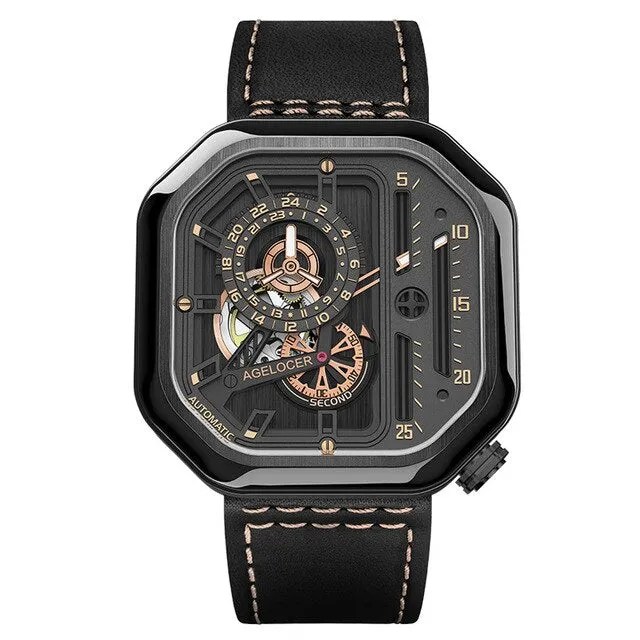 AGELOCER Switzerland Self-wind Mechanical Watch Men Automatic Big Square Black Leather Wrist Watches Reloj Hombre 2019 Luxury