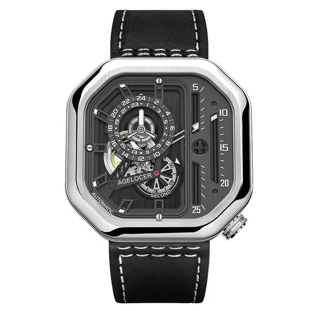 AGELOCER Switzerland Self-wind Mechanical Watch Men Automatic Big Square Black Leather Wrist Watches Reloj Hombre 2019 Luxury
