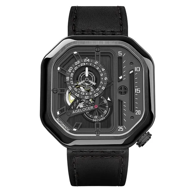 AGELOCER Switzerland Self-wind Mechanical Watch Men Automatic Big Square Black Leather Wrist Watches Reloj Hombre 2019 Luxury