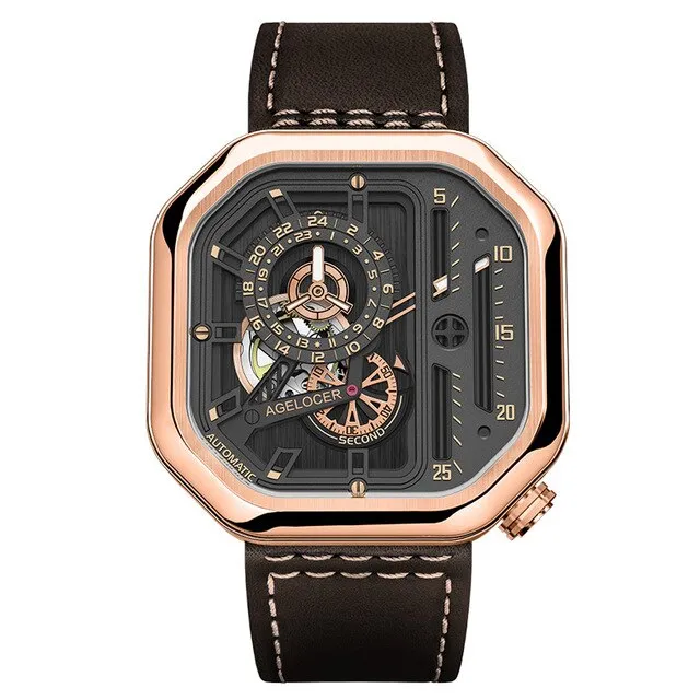AGELOCER Switzerland Self-wind Mechanical Watch Men Automatic Big Square Black Leather Wrist Watches Reloj Hombre 2019 Luxury