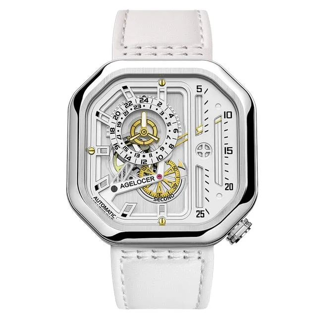 AGELOCER Switzerland Self-wind Mechanical Watch Men Automatic Big Square Black Leather Wrist Watches Reloj Hombre 2019 Luxury