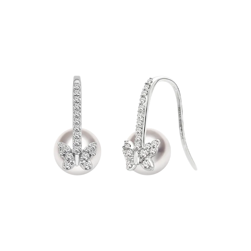 Akoya Pearl 18K Gold Diamond Butterfly Diamond ear Hooks Earrings