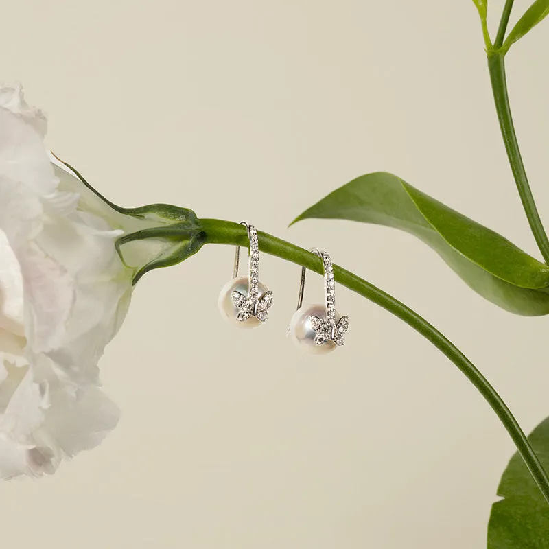 Akoya Pearl 18K Gold Diamond Butterfly Diamond ear Hooks Earrings