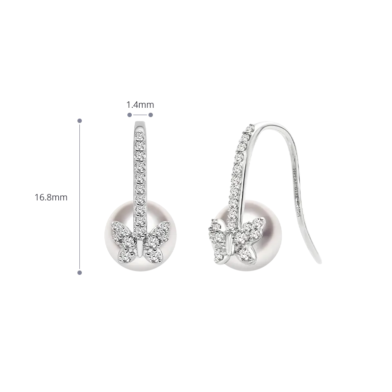 Akoya Pearl 18K Gold Diamond Butterfly Diamond ear Hooks Earrings