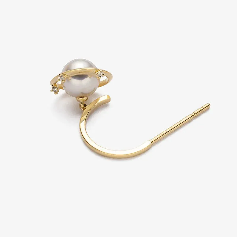 Akoya Pearl 18K Gold Planet Style Diamond Stud Earrings