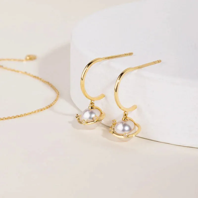 Akoya Pearl 18K Gold Planet Style Diamond Stud Earrings