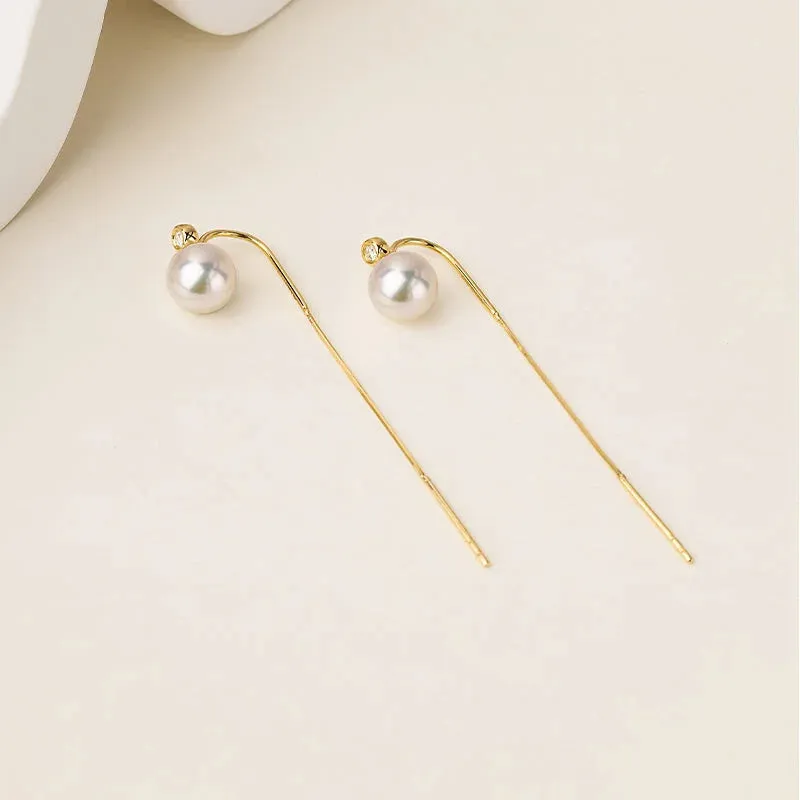 Akoya Pearl 18K Gold Thread Diamond Earrings