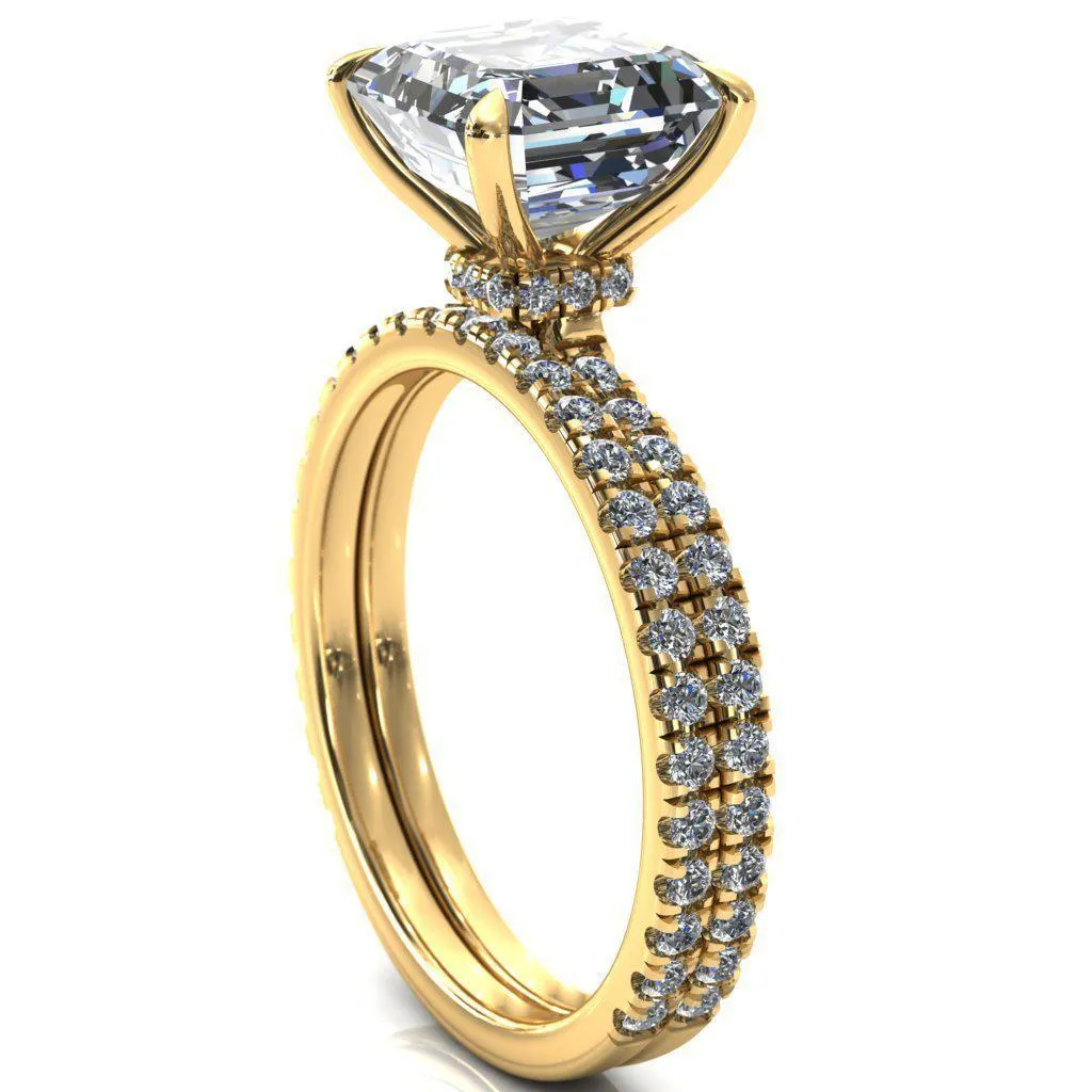 Alayna Asscher Moissanite 4 Claw Prong 3/4 Micro Pave Diamond Accent Ring Engagement Ring