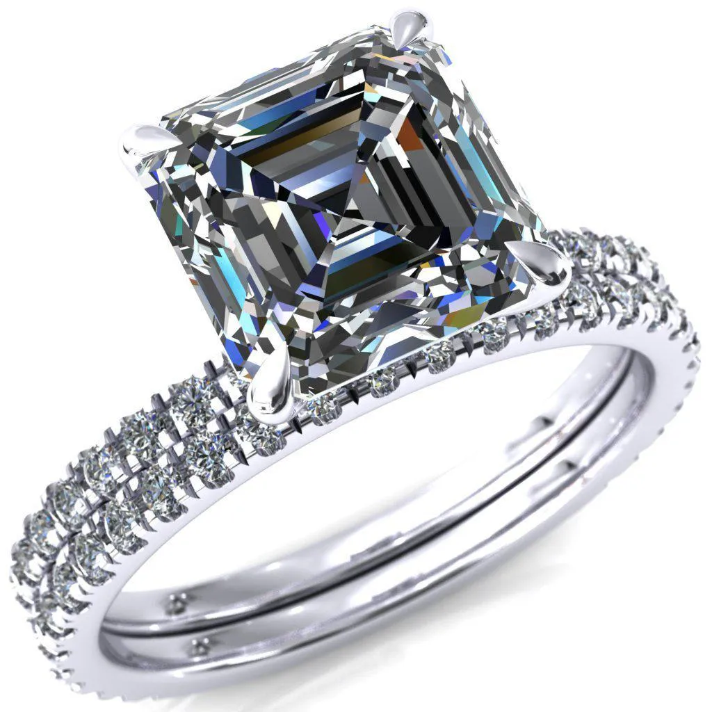 Alayna Asscher Moissanite 4 Claw Prong 3/4 Micro Pave Diamond Accent Ring Engagement Ring