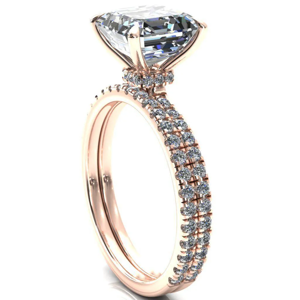 Alayna Asscher Moissanite 4 Claw Prong 3/4 Micro Pave Diamond Accent Ring Engagement Ring