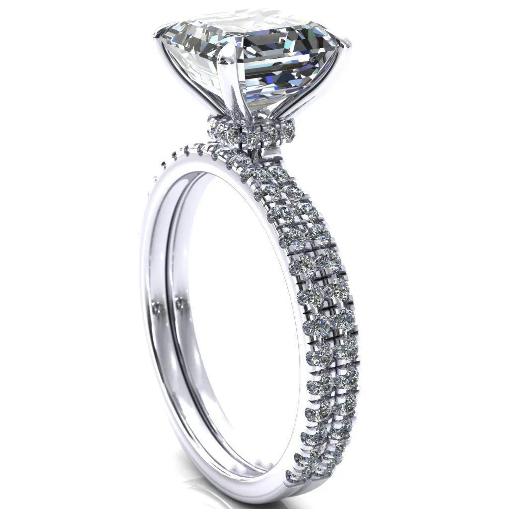 Alayna Asscher Moissanite 4 Claw Prong 3/4 Micro Pave Diamond Accent Ring Engagement Ring