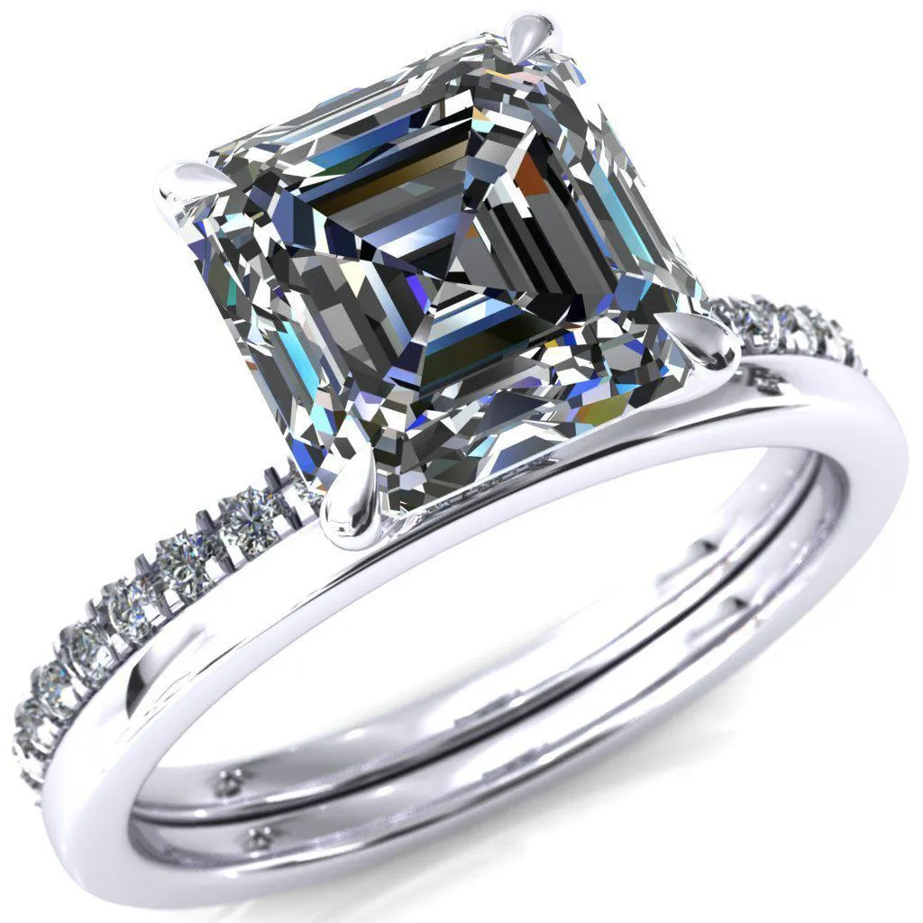 Alayna Asscher Moissanite 4 Claw Prong 3/4 Micro Pave Diamond Accent Ring Engagement Ring