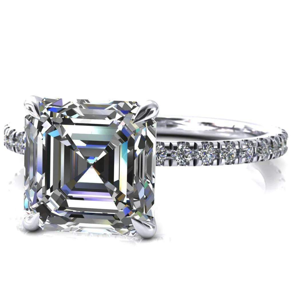 Alayna Asscher Moissanite 4 Claw Prong 3/4 Micro Pave Diamond Accent Ring Engagement Ring