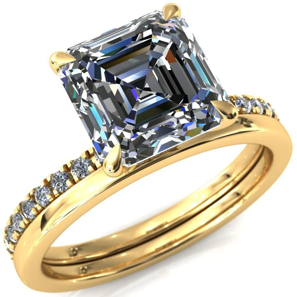 Alayna Asscher Moissanite 4 Claw Prong 3/4 Micro Pave Diamond Accent Ring Engagement Ring