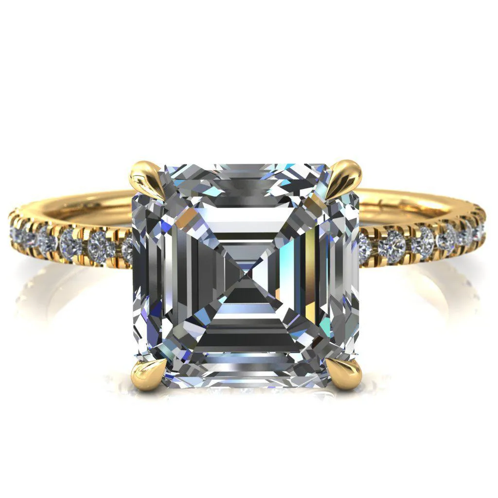Alayna Asscher Moissanite 4 Claw Prong 3/4 Micro Pave Diamond Accent Ring Engagement Ring