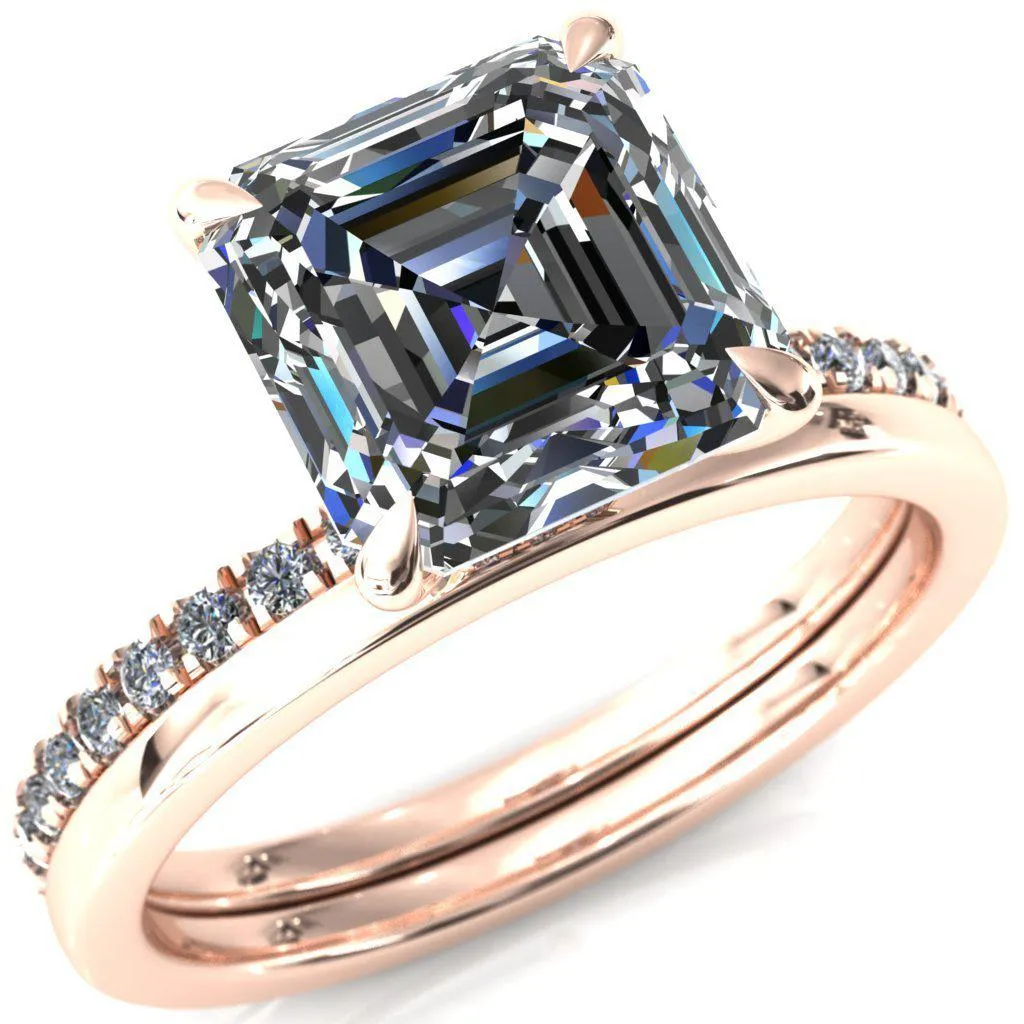 Alayna Asscher Moissanite 4 Claw Prong 3/4 Micro Pave Diamond Accent Ring Engagement Ring