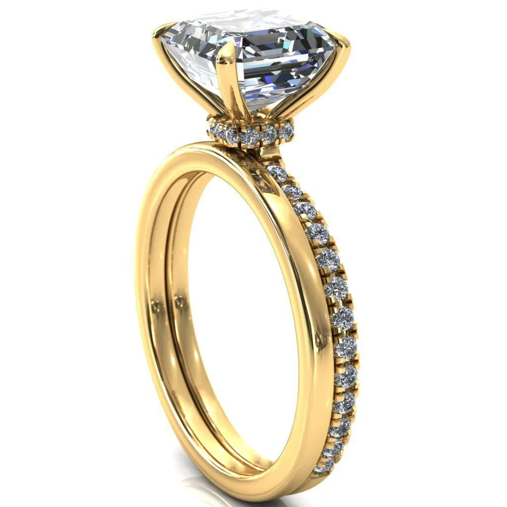 Alayna Asscher Moissanite 4 Claw Prong 3/4 Micro Pave Diamond Accent Ring Engagement Ring