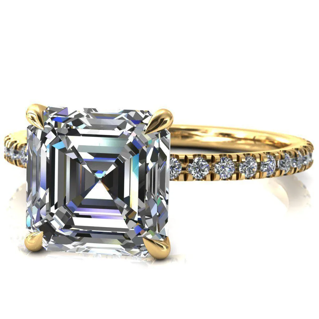 Alayna Asscher Moissanite 4 Claw Prong 3/4 Micro Pave Diamond Accent Ring Engagement Ring